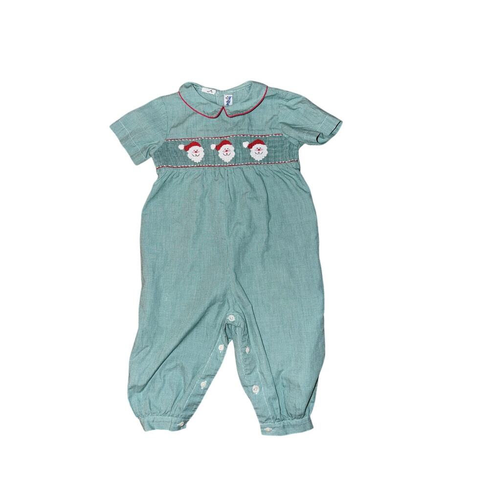 Vintage silly goose green gingham one piece smocked Santa outfit 24M Christmas